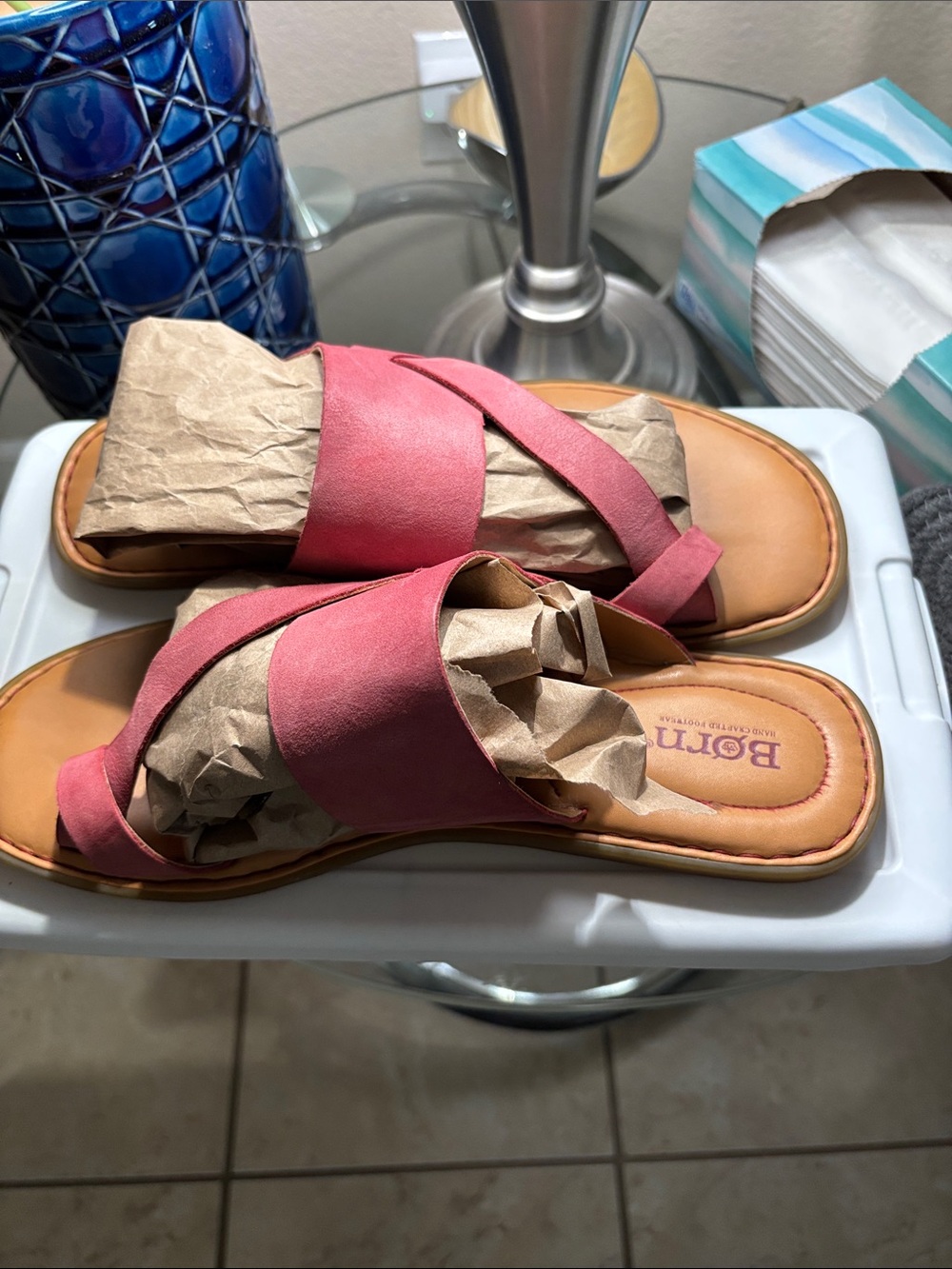 Born Women's Rose Pink Leather Crossband Slide Sandals